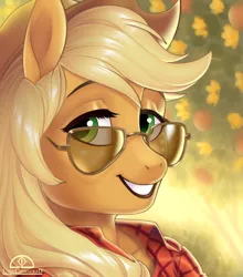 Size: 990x1125 | Tagged: safe, artist:ladychimaera, derpibooru import, applejack, anthro, earth pony, apple, applejack's hat, apple tree, bust, clothes, cowboy hat, female, flannel shirt, freckles, grin, hat, looking at you, shirt, smiling, solo, sunglasses, tree