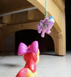 Size: 753x816 | Tagged: abuse, apple bloom, artist:glamador, blind bag, derpibooru import, diamond tiara, hanging, hanging (by neck), irl, photo, safe, tiarabuse, toy, yarn