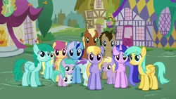 Size: 1280x720 | Tagged: safe, artist:capnpea, derpibooru import, edit, edited screencap, screencap, aura (character), cloud kicker, dinky hooves, dizzy twister, doctor whooves, liza doolots, meadow song, minuette, orange swirl, petunia, sassaflash, sea swirl, seafoam, spring melody, sprinkle medley, sunshower raindrops, time turner, tootsie flute, pony, it's about time, background pony, background pony audience, face, female, filly, male, mare, mask, modular, no face, stallion, wat