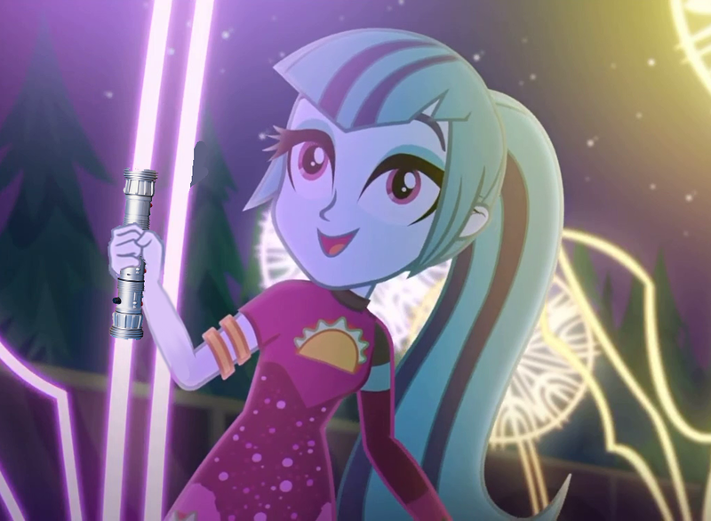 Size: 983x720 | Tagged: safe, derpibooru import, edit, edited screencap, screencap, sonata dusk, equestria girls, equestria girls series, find the magic, spoiler:eqg series (season 2), clothes, cute, dress, jedi, lightsaber, singing, smiling, sonatabetes, star wars, taco dress, the dazzlings have returned, tree, weapon