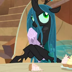 Size: 800x800 | Tagged: changeling, changeling queen, cropped, dead, derp, derpibooru import, edit, edited screencap, faic, female, frenemies (episode), log, mean twilight sparkle, queen chrysalis, safe, screencap, twilog, wood