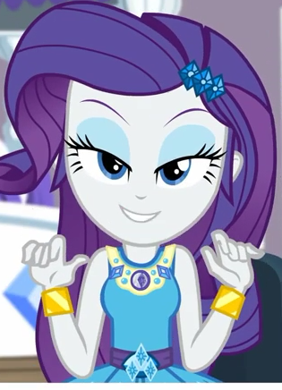 Size: 315x436 | Tagged: safe, derpibooru import, screencap, rarity, camping must-haves, equestria girls, equestria girls series, spoiler:eqg series (season 2), bed, bedroom eyes, belt buckle, bracelet, breaking the fourth wall, cropped, eyeshadow, frilly design, geode of shielding, grin, image, jewelry, magical geodes, makeup, pendant, png, rarity peplum dress, rarity's bedroom, sleeveless, smiling, solo