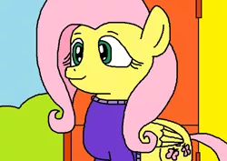 Size: 697x493 | Tagged: safe, artist:logan jones, derpibooru import, fluttershy, pegasus, pony, clothes, cute, dawwww, door, female, fluttershy's cottage, my pretty seahorse, patrick star, shyabetes, spongebob squarepants, sweater, sweatershy