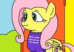 Size: 697x493 | Tagged: safe, alternate version, artist:logan jones, derpibooru import, fluttershy, pegasus, pony, clothes, cute, dawwww, door, female, fluttershy's cottage, implied posey shy, meme, mom come pick me up i'm scared, my pretty seahorse, patrick star, ponified meme, reaction image, scared, shyabetes, spongebob squarepants, sweater, sweatershy