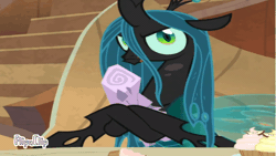 Size: 1280x720 | Tagged: animated, changeling, changeling queen, dead, derp, derpibooru import, edit, edited screencap, female, frenemies (episode), gif, gift art, log, mean twilight sparkle, queen chrysalis, safe, screencap, solo, twilog