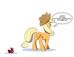 Size: 1493x1150 | Tagged: safe, artist:feralroku, derpibooru import, applejack, pony, apple, applejack's hat, behind, butt, cowboy hat, devil fruit, disgusted, food, hat, one piece, plot, simple background, smile (devil fruit), solo, speech bubble, spoilers for another series, this will end in laughs, white background