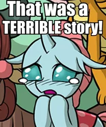 Size: 406x487 | Tagged: artist:uotapo, caption, changedling, changeling, cropped, crying, cute, derpibooru import, diaocelles, edit, female, i can't believe it's not idw, image macro, impact font, ocellus, offscreen character, reaction image, sad, sadorable, safe, smolder, teary eyes, text, the hearth's warming club, yona