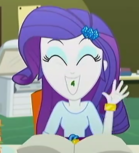 Size: 604x662 | Tagged: safe, derpibooru import, screencap, rarity, epic fails (equestria girls), eqg summertime shorts, equestria girls, cropped, food, lettuce, solo, teeth, waving