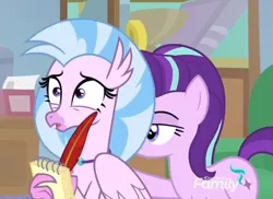 Size: 760x552 | Tagged: cropped, derpibooru import, discovery family logo, duo, i need an adult, it's behind you, out of context, pushing, safe, screencap, silverstream, starlight glimmer, student counsel