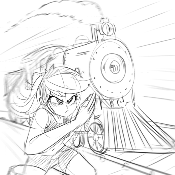 Size: 894x894 | Tagged: safe, artist:xxmarkingxx, derpibooru import, rainbow dash, human, equestria girls, 1890's, 19th century, humanized, monochrome, new york central, new york central & hudson river railroad no. 999, overclocking, race, railroad, steam engine, steam locomotive, steam train, time travel, train