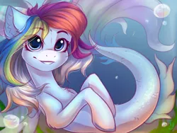 Size: 1600x1200 | Tagged: artist:falafeljake, commission, derpibooru import, female, looking at you, not rainbow dash, oc, oc:rainbow dreams, safe, seapony (g4), smiling, solo, underwater, unofficial characters only, ych result