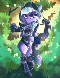 Size: 1600x2071 | Tagged: safe, artist:saxopi, derpibooru import, oc, unofficial characters only, pony, armor, arrow, bow (weapon), bow and arrow, clothes, dota, dota 2, female, solo, video game crossover, weapon