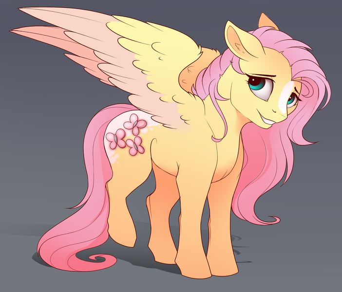 Size: 1299x1110 | Tagged: safe, artist:evehly, derpibooru import, fluttershy, pegasus, pony, alternate design, blaze (coat marking), coat markings, colored wings, cropped, cute, female, floppy ears, gradient background, looking at you, mare, shy, shyabetes, smiling, solo, spread wings, wings