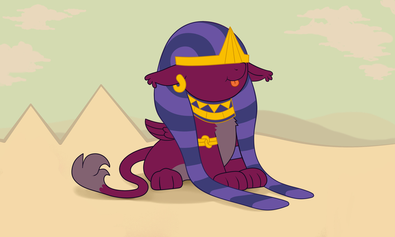 Size: 2880x1728 | Tagged: safe, artist:wispy tuft, derpibooru import, sphinx (character), sphinx, daring done?, :p, desert, ear fluff, egyptian, female, macro, pyramid, show accurate, silly, solo, tongue out, villainess