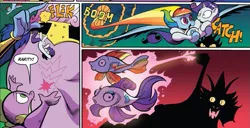 Size: 859x441 | Tagged: safe, artist:andypriceart, derpibooru import, idw, cosmos (character), rainbow dash, rarity, spike, draconequus, dragon, fish, pegasus, pony, spoiler:comic, spoiler:comic78, comic, female, fishified, male, official comic, rainbow trout, rarifish, species swap, speech bubble, transformation, winged spike