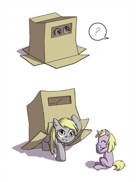 Size: 773x1034 | Tagged: safe, artist:kangaeien, derpibooru import, derpy hooves, dinky hooves, pegasus, pony, unicorn, blank flank, box, cardboard box, equestria's best mother, female, filly, hiding, mare, mother and child, mother and daughter, playing, pony in a box, question mark, simple background, smiling, speech bubble, white background