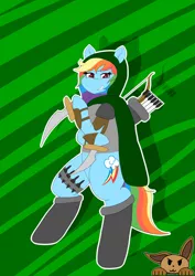 Size: 2893x4092 | Tagged: abstract background, anthro, archer dash, arrow, artist:sharpiesketches, bipedal, bow and arrow, bow (weapon), dagger, derpibooru import, dual wield, dungeons and dragons, fantasy, fantasy class, looking at you, pen and paper rpg, rainbow dash, rainbow rogue, rogue, rpg, safe, solo, throwing knife, unmasked, weapon