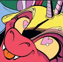 Size: 1048x1024 | Tagged: safe, artist:andypriceart, derpibooru import, edit, idw, cosmos (character), spoiler:comic, spoiler:comic78, :p, cosmageddon, cute, cute little fangs, fangs, female, heart eyes, macro, tongue out, wingding eyes
