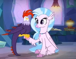 Size: 724x562 | Tagged: classical hippogriff, cockatrice, cropped, cute, derpibooru import, diabedith, diastreamies, duo, edith (cockatrice), female, hippogriff, jewelry, necklace, safe, screencap, silverstream, sitting, student counsel, treehouse of harmony, wings