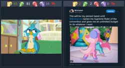 Size: 494x270 | Tagged: safe, derpibooru import, screencap, gallus, minty, pinkie pie (g3), oc, oc:comment, oc:downvote, oc:favourite, oc:upvote, ponified, pony, derpibooru, student counsel, :c, >:c, angry, derpibooru ponified, frown, g3, gallus is not amused, hard hat, helmet, juxtaposition, larson you magnificent bastard, m.a. larson, meta, roller skates, sideways glance, sitting, smiling, twitter, unamused