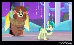 Size: 640x388 | Tagged: safe, derpibooru import, edit, edited screencap, editor:teren rogriss, screencap, sandbar, tree of harmony, yona, earth pony, pony, yak, she's all yak, bow, bowtie, castle of the royal pony sisters, cloven hooves, everfree forest, female, hair bow, hooves, horns, male, monkey swings, night, night sky, open mouth, rocket, rope, sky, stallion, stars, tied, tied up, treehouse of harmony