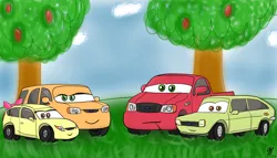 Size: 3500x2000 | Tagged: safe, artist:pancake-ss, derpibooru import, apple bloom, applejack, big macintosh, granny smith, earth pony, pony, car, carified, cars (pixar), crossover, ford, ford escape, ford f-150, ford fiesta, ford focus, male, pixar, stallion