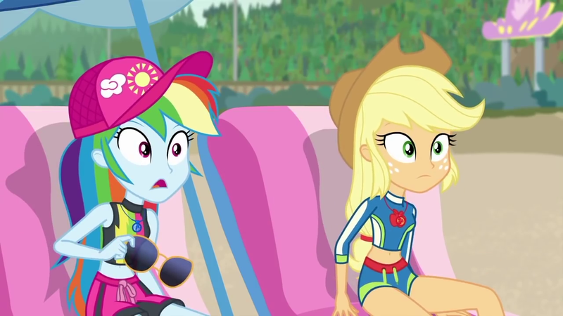 Size: 1280x720 | Tagged: safe, derpibooru import, screencap, applejack, rainbow dash, equestria girls, equestria girls series, lost and found, applejack's hat, beach, beach chair, belly button, bikini, clothes, cowboy hat, duo, hat, midriff, sunglasses, swimsuit