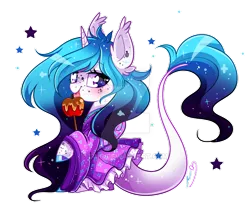 Size: 800x702 | Tagged: safe, artist:ipun, derpibooru import, oc, oc:sydney, unicorn, apple, candy apple (food), clothes, colored hooves, deviantart watermark, dress, ethereal mane, female, food, mare, obtrusive watermark, simple background, solo, starry mane, transparent background, watermark