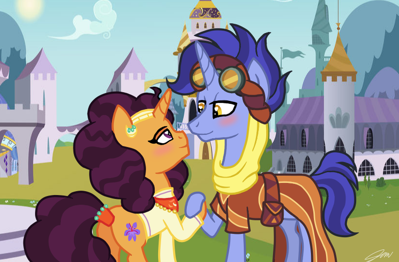 2039311 - artist:imtailsthefoxfan, blushing, clothes, crack shipping,  derpibooru import, eye contact, female, goggles, heart eyes, hoo'far,  looking at each other, male, mare, pony, safe, saf'far, saffron masala,  shipping, stallion, straight, unicorn ...