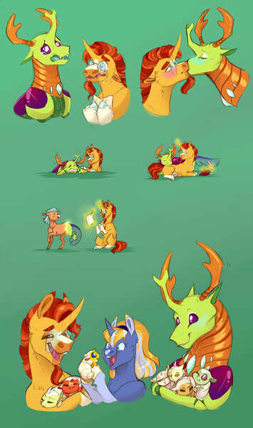 Size: 1960x3313 | Tagged: safe, artist:vindhov, derpibooru import, sunburst, thorax, oc, oc:marigold, changedling, changeling, changeling larva, pony, unicorn, blaze (coat marking), changeling king, crying, female, gay, green background, grub, interspecies offspring, king thorax, kissing, magic, magical gay spawn, male, mare, next generation, offspring, parent:sunburst, parent:thorax, parent:twilight sparkle, parents:thoraxburst, parents:twiburst, shapeshifting, shipping, simple background, snip (coat marking), socks (coat marking), stallion, telekinesis, thoraxburst