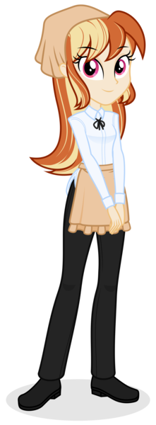 Size: 1035x2816 | Tagged: safe, artist:shizow, derpibooru import, oc, oc:mandarine mélange, human, equestria girls, apron, clothes, commission, equestria girls-ified, female, pants, shoes, simple background, smiling, solo, transparent background