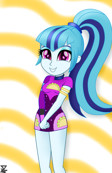 Size: 2800x4320 | Tagged: safe, artist:theretroart88, derpibooru import, sonata dusk, equestria girls, equestria girls series, find the magic, spoiler:eqg series (season 2), arm band, clothes, cute, female, hairband, ponytail, smiling, solo, sonatabetes, taco dress