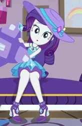Size: 428x653 | Tagged: safe, derpibooru import, screencap, rarity, camping must-haves, equestria girls, equestria girls series, spoiler:eqg series (season 2), :o, clothes, cropped, cute, female, geode of shielding, hat, high heels, legs, magical geodes, open mouth, pencil skirt, pillow, raribetes, rarity's bedroom, sexy, shoes, sitting, skirt, solo