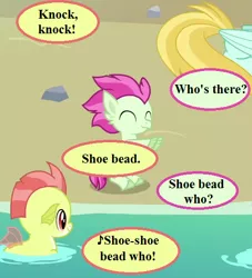 Size: 490x539 | Tagged: baby seapony (g4), background hippogriff, beach, cropped, derpibooru import, dialogue, edit, edited screencap, fledgeling, hippogriff, knock knock joke, pun, rock, safe, screencap, seapony (g4), shoo be doo, speech bubble, surf and/or turf