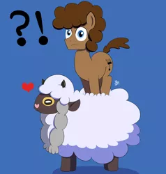 Size: 2190x2300 | Tagged: safe, artist:feralroku, derpibooru import, oc, oc:strong runner, pony, wooloo, blue background, crossover, exclamation point, heart, interrobang, pokemon sword and shield, pokémon, question mark, simple background