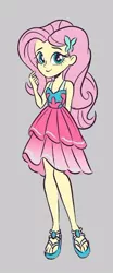 Size: 186x449 | Tagged: source needed, safe, alternate version, artist:kora kosicka, derpibooru import, fluttershy, equestria girls, equestria girls series, spoiler:eqg series (season 2), clothes, cute, feet, female, hairpin, legs, official fan art, sandals, shyabetes, skirt, smiling, solo