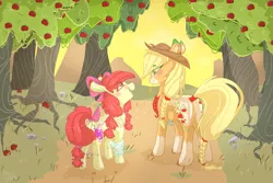 Size: 3000x2000 | Tagged: safe, artist:dashkatortik12222222, derpibooru import, apple bloom, applejack, earth pony, pony, adorabloom, apple, apple sisters, apple tree, applejack's hat, bandage, blushing, bow, butt, chest fluff, coat markings, colored eyebrows, colored hooves, cowboy hat, cute, daaaaaaaaaaaw, dirt path, duo, ear fluff, eye clipping through hair, eye contact, female, filly, food, freckles, hat, jackabetes, looking at each other, mare, open mouth, plot, redesign, siblings, sisters, smiling, straw in mouth, tree, unshorn fetlocks
