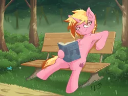 Size: 3840x2880 | Tagged: safe, artist:danli69, derpibooru import, oc, oc:cherry popper, unofficial characters only, pony, semi-anthro, unicorn, admiral ackbar, armpits, bedroom eyes, bench, book, femboy, foliage, it's a trap, looking at you, male, sitting, solo, star wars, trap
