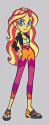 Size: 267x683 | Tagged: safe, alternate version, artist:kora kosicka, derpibooru import, sunset shimmer, equestria girls, equestria girls series, spoiler:eqg series (season 2), alternate costumes, clothes, feet, female, geode of empathy, looking at you, magical geodes, midriff, pants, sandals, smiling, solo