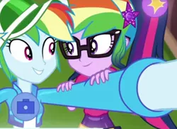 Size: 1124x818 | Tagged: safe, derpibooru import, screencap, rainbow dash, sci-twi, twilight sparkle, equestria girls, equestria girls series, festival filters, spoiler:eqg series (season 2), cropped, duo, geode of telekinesis, hair swap, looking at each other, magical geodes, selfie, shipping fuel