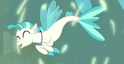 Size: 491x256 | Tagged: cropped, cute, derpibooru import, eyes closed, fins, happy, jewelry, male, necklace, safe, screencap, seapony (g4), solo, surf and/or turf, tail, terrabetes, terramar
