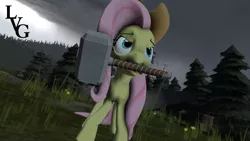 Size: 1280x720 | Tagged: safe, artist:littlevicgreener, derpibooru import, fluttershy, pegasus, pony, 3d, applejack's hat, avengers: endgame, cowboy hat, crossover, hammer, hat, marvel, mjölnir, signature, source filmmaker, thor, war hammer, weapon