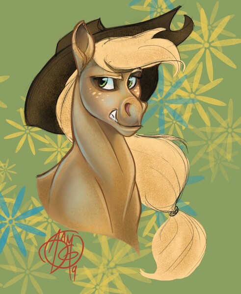 Size: 1048x1280 | Tagged: safe, artist:aerosaur83, derpibooru import, applejack, horse, pony, applejack's hat, bust, cowboy hat, hat, hoers, portrait, signature, smiling, smirk, solo