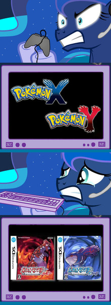 Size: 439x1199 | Tagged: angry, derpibooru import, exploitable meme, gamer luna, gamer meme, keyboard, logo, meme, nintendo, obligatory pony, pokémon, pokémon x and y, princess luna, ruby, ruby/sapphire, sad, safe, sapphire, tv meme, video game