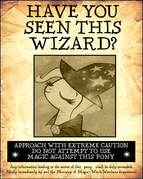 Size: 2397x2996 | Tagged: safe, derpibooru import, edit, trixie, pony, unicorn, cape, clothes, crossover, harry potter, hat, photo, sepia, spoilers for another series, trixie's cape, trixie's hat, wanted poster, wizard