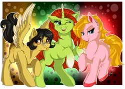 Size: 1920x1358 | Tagged: safe, artist:julunis14, derpibooru import, ponified, earth pony, pegasus, pony, unicorn, alex (totally spies), clover (totally spies), freckles, one eye closed, piercing, sam (totally spies), tongue out, totally spies, wink