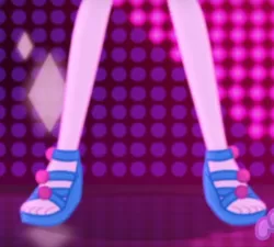 Size: 636x572 | Tagged: safe, derpibooru import, screencap, pinkie pie, equestria girls, equestria girls series, i'm on a yacht, spoiler:eqg series (season 2), cropped, feet, legs, neon eg logo, pictures of legs, sandals, solo