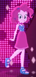 Size: 262x562 | Tagged: safe, derpibooru import, screencap, pinkie pie, equestria girls, equestria girls series, i'm on a yacht, spoiler:eqg series (season 2), alternate hairstyle, clothes, cropped, cute, diapinkes, neon eg logo, sandals, sleeveless, solo
