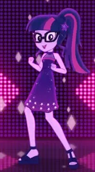 Size: 376x678 | Tagged: safe, derpibooru import, screencap, sci-twi, twilight sparkle, equestria girls, equestria girls series, i'm on a yacht, spoiler:eqg series (season 2), cropped, cute, feet, geode of telekinesis, glasses, magical geodes, neon eg logo, open-toed shoes, sandals, sleeveless, solo, twiabetes