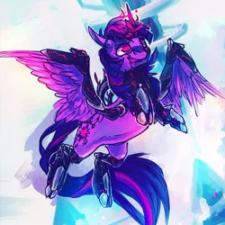 Size: 657x657 | Tagged: source needed, safe, artist:syntactics, deleted from derpibooru, derpibooru import, twilight sparkle, twilight sparkle (alicorn), alicorn, pony, armor, flying, glowing horn, horn, rearing, solo, wings